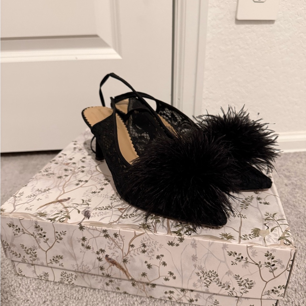 ANTONIO MELANI Black Slingback Heels with Fluffy Accent